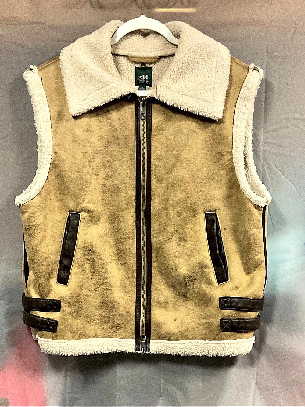 wild fable Faux Suede Shearling Aviator Vest Brown & Cream Medium